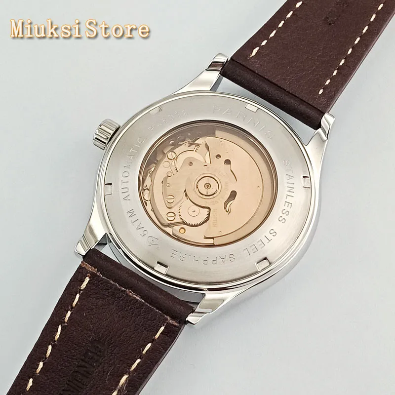 Мужские серебристые часы с сапфировым стеклом и кожаным ремешком | Наручные