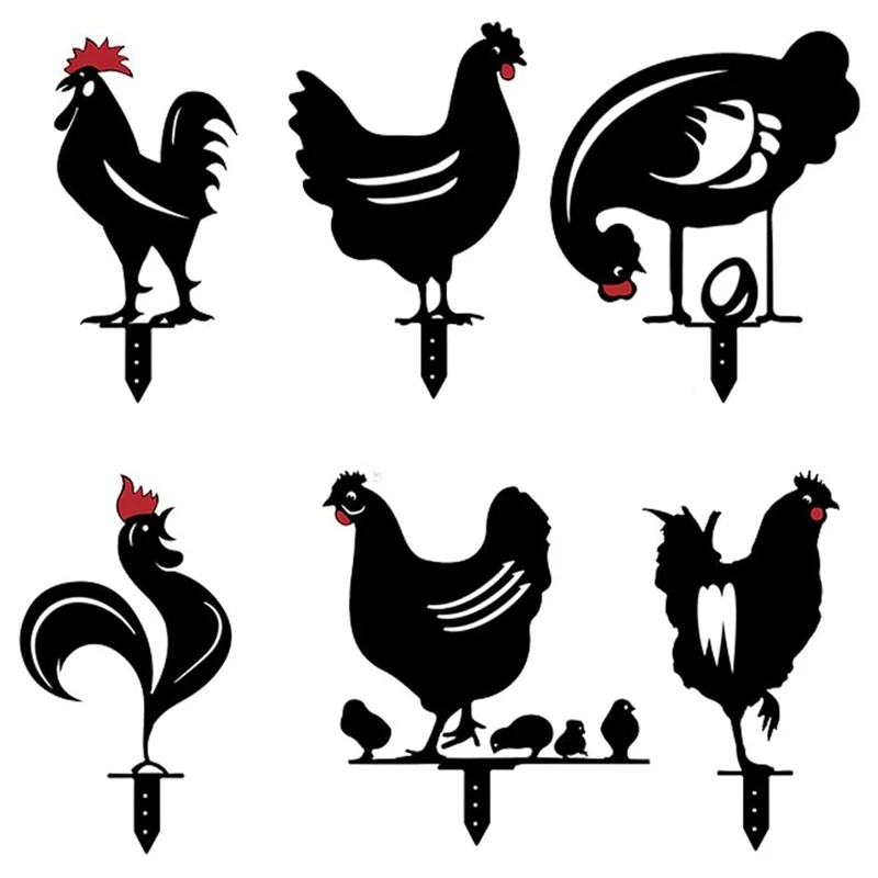 

Chicken Yard Art, 6Pcs Outdoor Garden Backyard Lawn Stakes Metal Hen Yard Decor Present Rooster Art For Lawn,Pathway