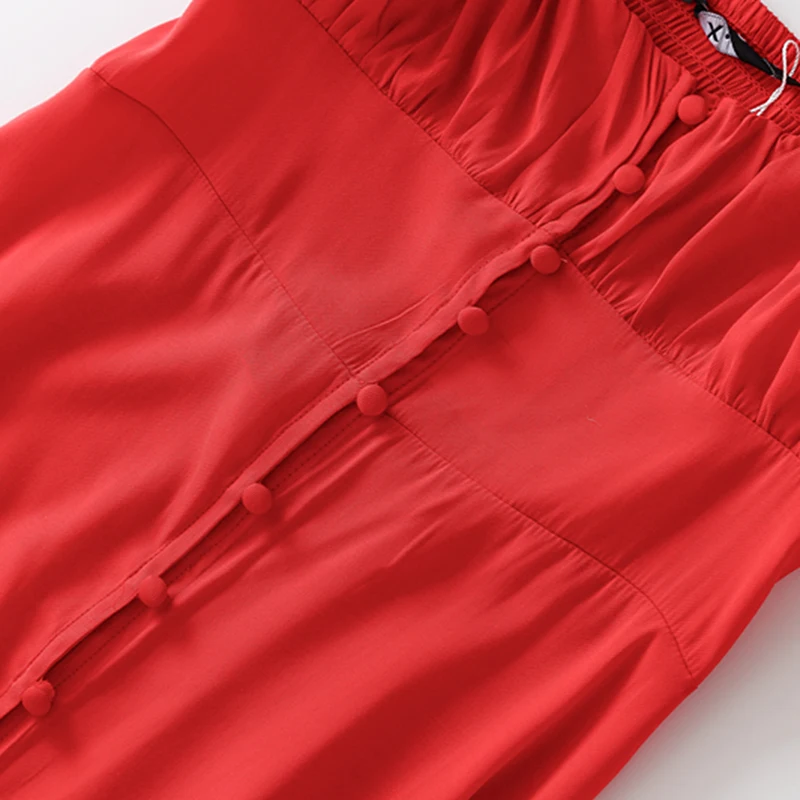 

Women Vintage Elegant Red MIDI Dress Lady Puff Sleeve Button Solid Dress Female Western Style Party Red Dresses New Fashion 2020