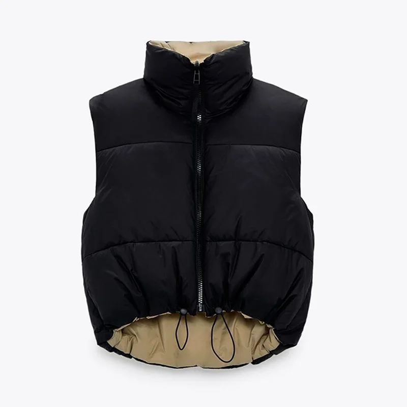 

2021 Spring Black Cropped Vest Coat Women Fashion Warm Sleeveless Parkas High Collar Waistcoat Female Casual Outerwear Chic Top