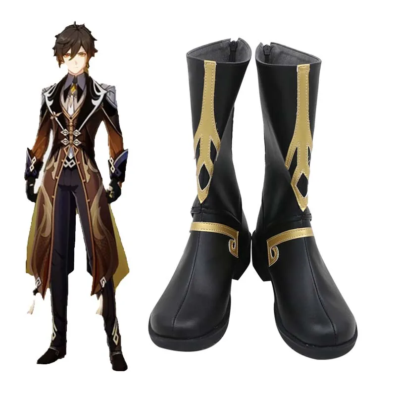 

Genshin Impact Zhongli Cosplay Black Shoes Mid Calf Boots Zhong li Cosplay 90cm Long Christmas Brown Orange Wig Halloween Party