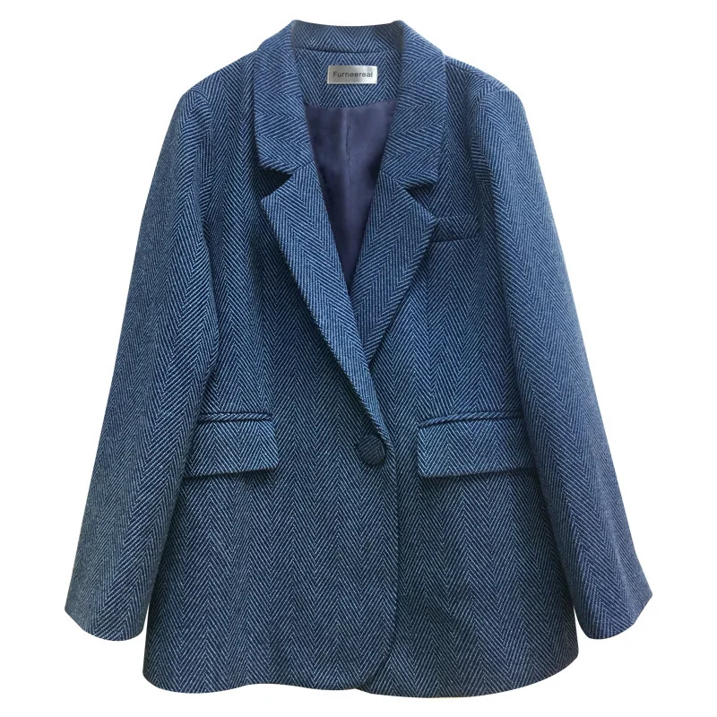 

2022 New Blue Herringbone Woolen Blazer Coat Female Spring Autumn Women's Clothing Leisure Blazers Suit Jacket Girls Tops D393