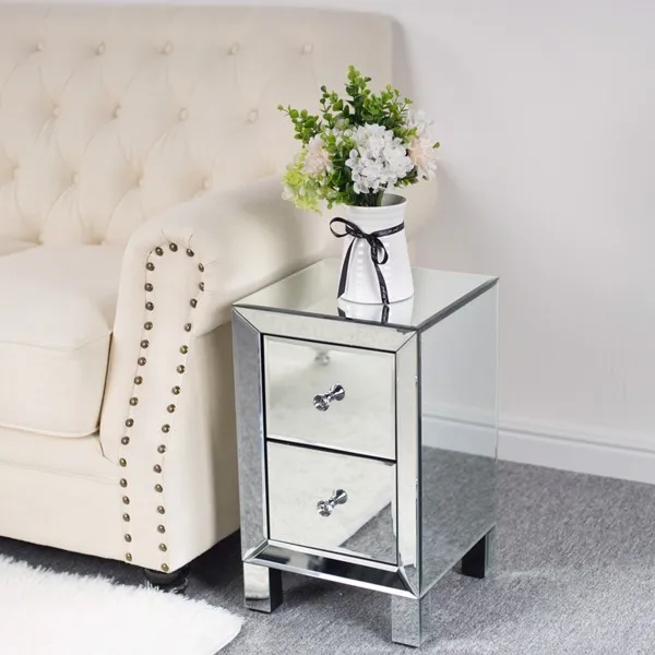 

New Bedside Table FCH Mirrored with Two Drawer Silver Sofa Nightstand for Living Bed Room Decor