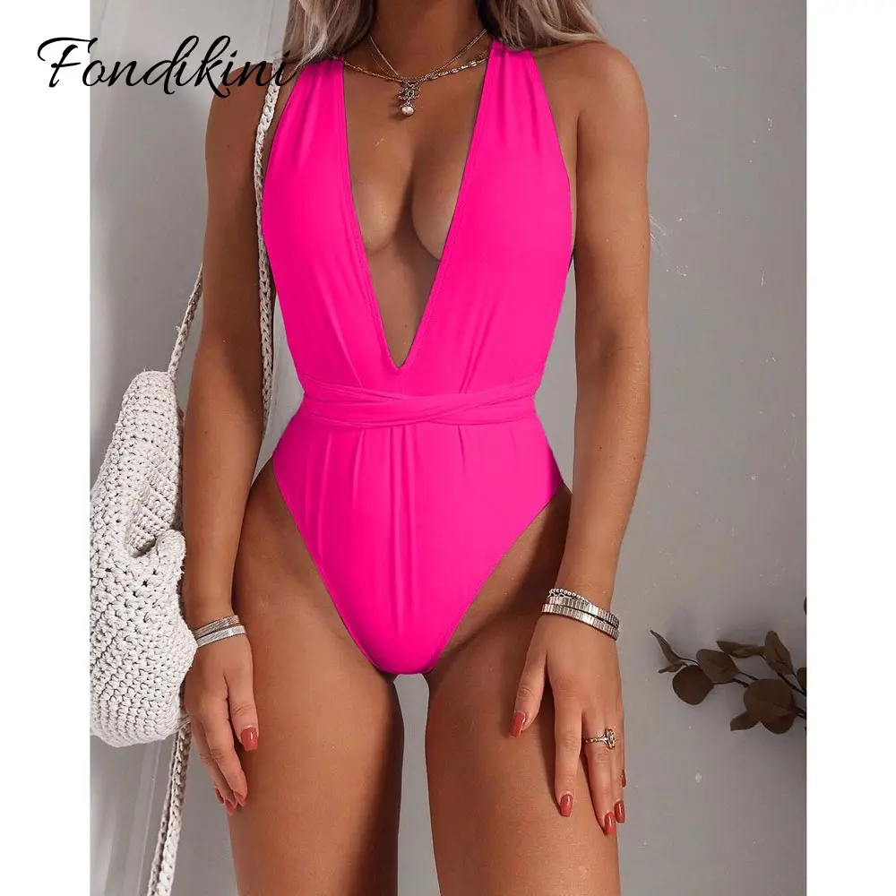 Цельное бикини 2020 сплошной купальник для женщин глубокий v-образный вырез