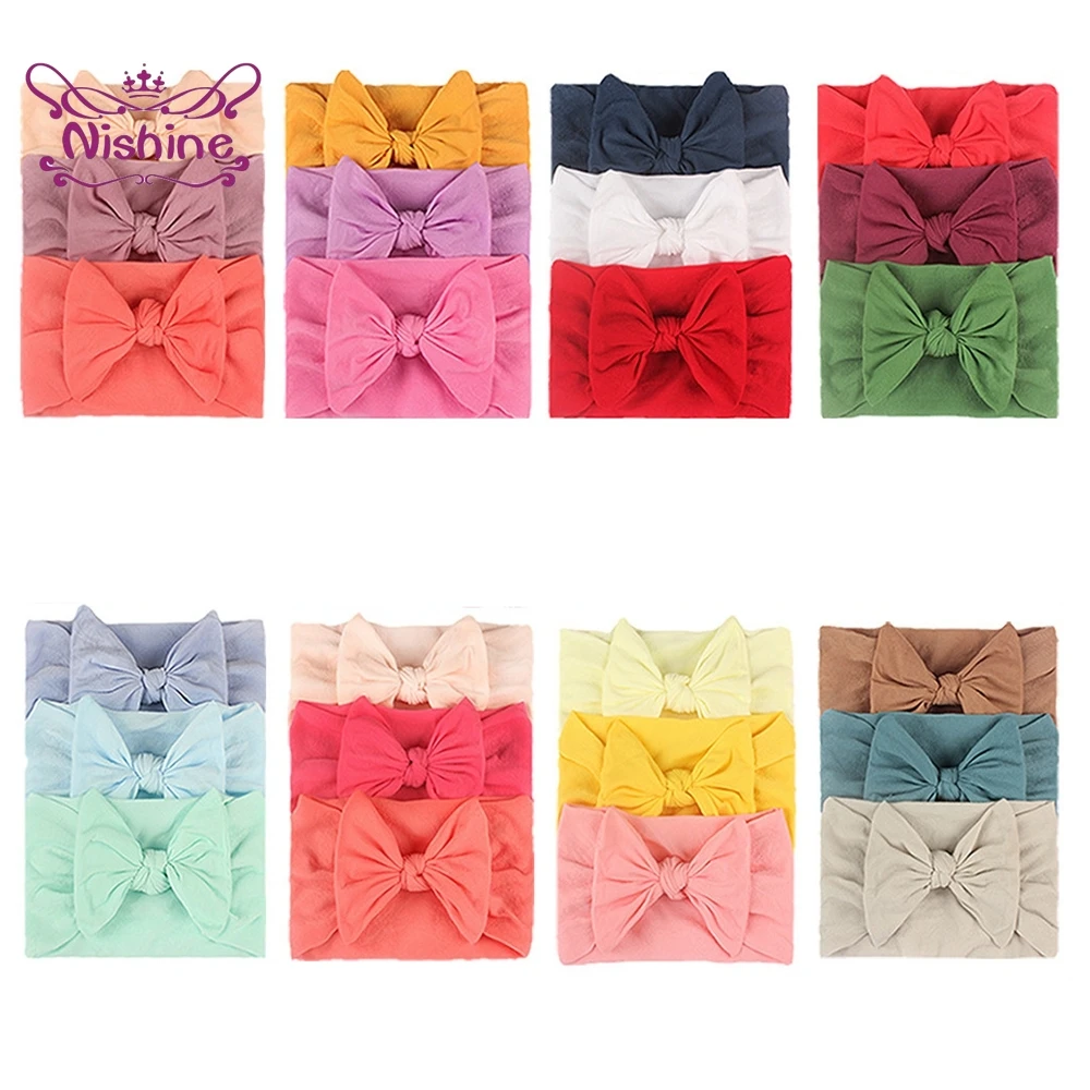 

Nishine 3pcs/lot Toddler Soft Skin-friendly Elastic Nylon Headband Solid Color Handmade Bowknot Infant Hairband Kids Accessories