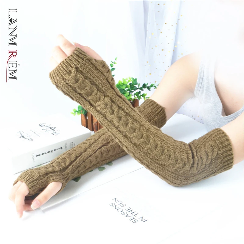 

LANMREM 2022 Autumn Winter New Knitted Gloves Female Twist Long Keep Warm Half Finger Gloves Women's Fashion 2W2016