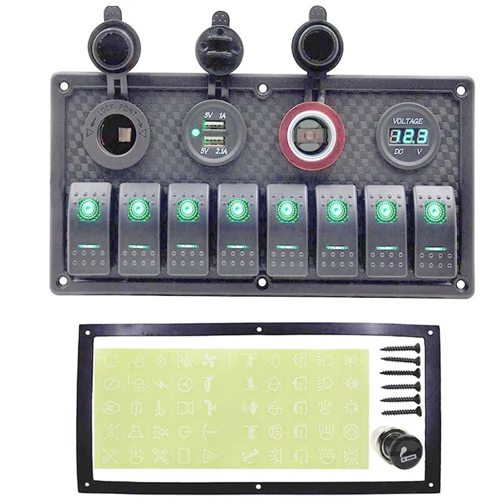 Green LED 8 Gang 8 панель блока переключателей автоматический выключатель защита от перегрузки Автомобильная панель управления для лодки 12V~ 24V двойной USB Автомобильный цифровой вольтметр с быстрой зарядкой - Цвет: Green LED 8 Gang