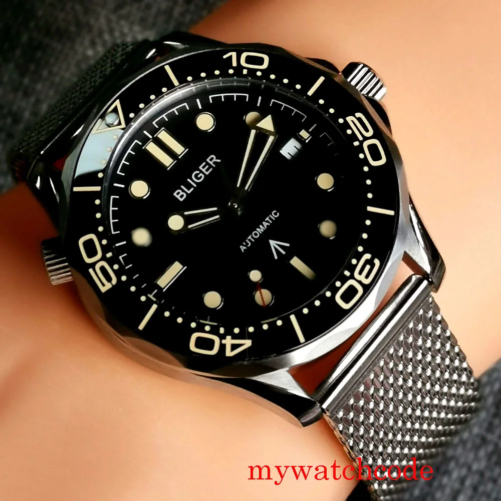 41 мм черный циферблат Автоматические Мужские часы сапфир кристаллический