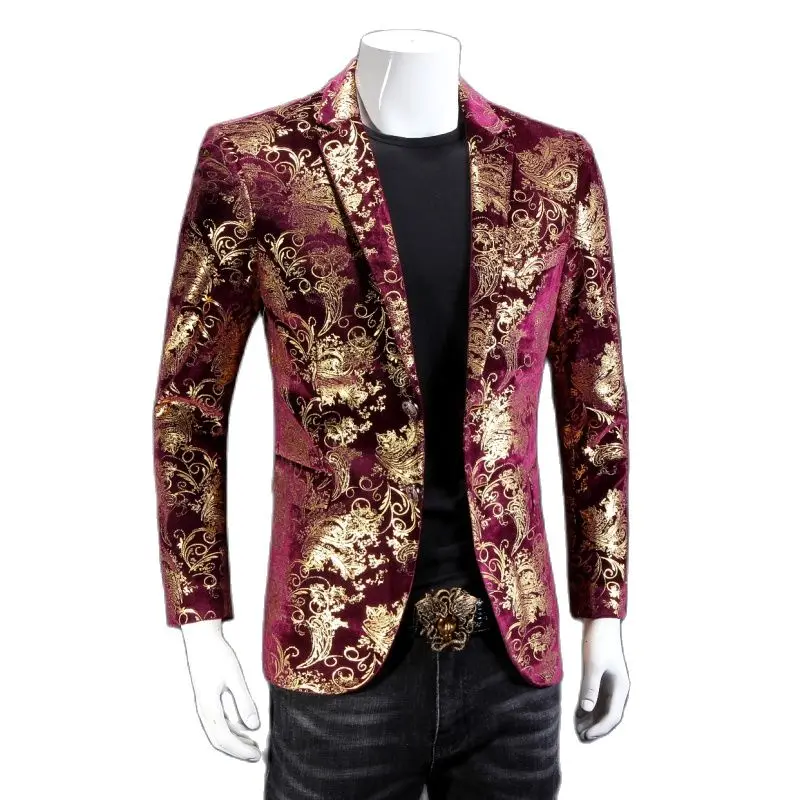 Высокое качество мужской костюм с длинным рукавом Куртка золотой узор 5XL большой