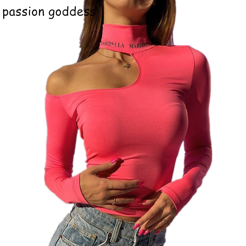 

New Fashion Sexy Letter Print Slim Skinny T Shirts for Women Half High Collar Long Sleeve Cut Out Hollow Tshirt Black Tees Tops