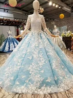 anxin sh princess white flower blue lace beading crystal illusion high neck long sleeve green wedding dress 100 real photo