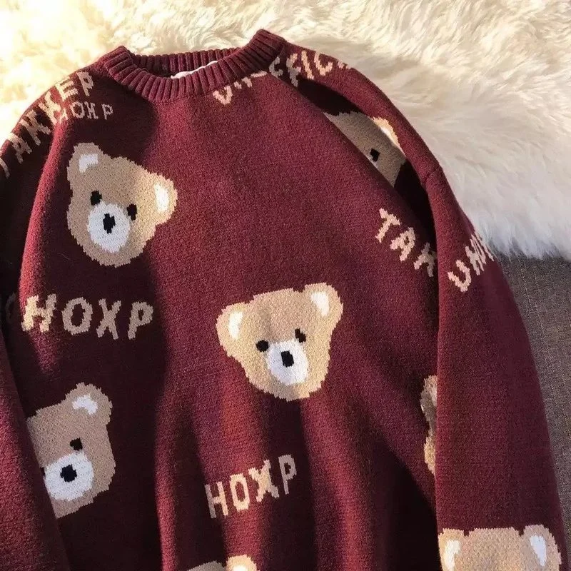 

Deeptown Korean Style Kawaii Bear Print Knitted Sweater Women Red Preppy Fashion Long Sleeve Oversize Jumper Pullover Female Top