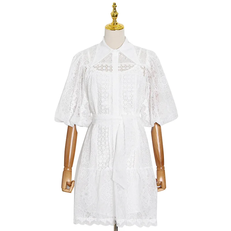 

Fashion elegant lapel lantern sleeve sleeve water soluble lace dress skirt women's 28372