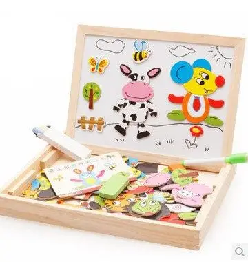Деревянная коробка, игрушка-пазл для раннего развития, многофункциональная Магнитная Двухсторонняя доска, игрушка для рисования и палочки ...
