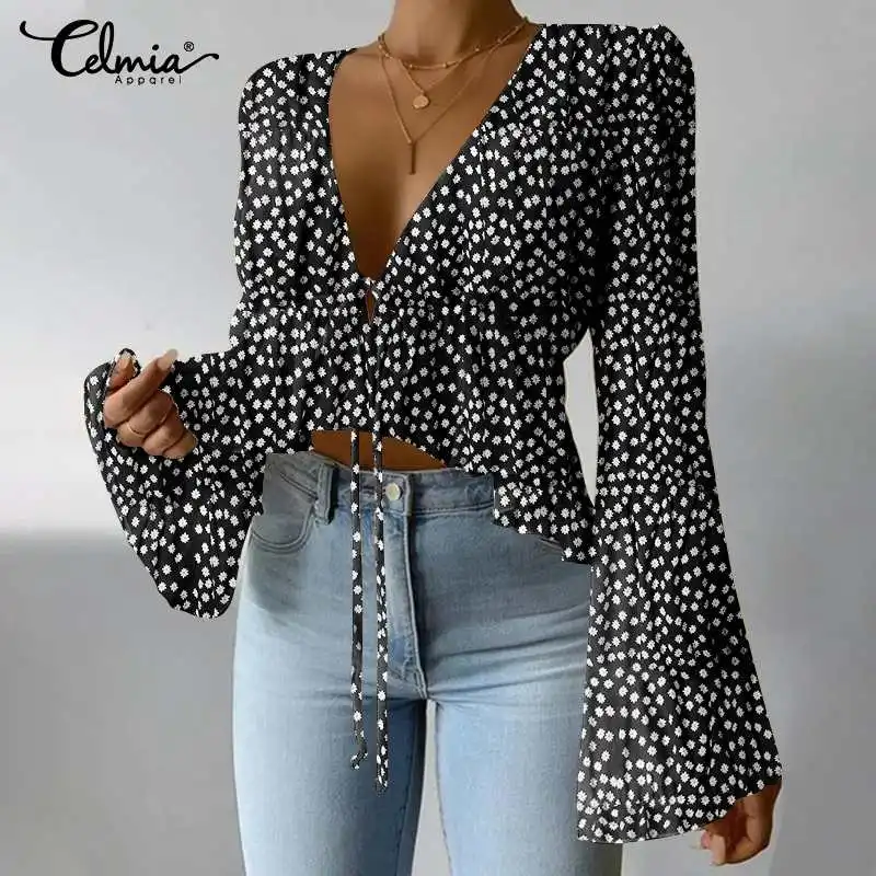 

2021 Summer Ruffles Shirts Celmia Women Long Flare Sleeve Tops Fashion V-neck Lace Up Blouses Vintage Daisy Printed Blusas 5XL