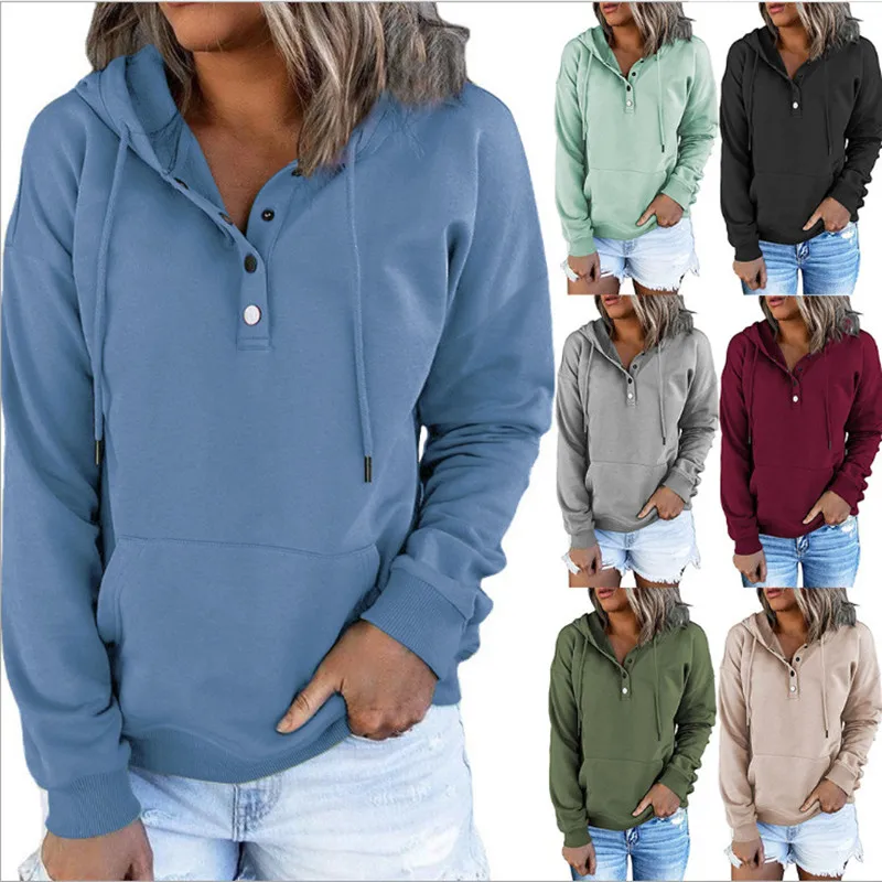 

Женские теплые толстовки Bikoles с капюшоном и длинным рукавом, на шнуровке, свитшоты 2021, новые модные однотонные топы с пуговицами и карманами