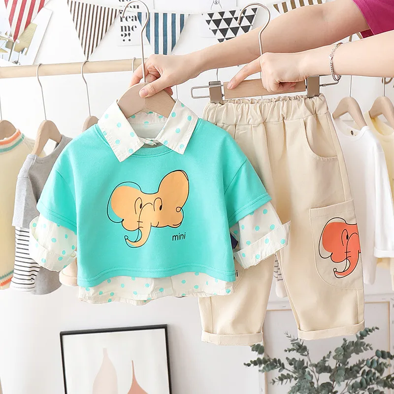 

3 PCS One Set Suit Baby Boys Girls Shirt+Ves+Overalls Long Sleeve POLKA DOT Pattern Shirt Cartoon Elephant Vest Pants for Kid