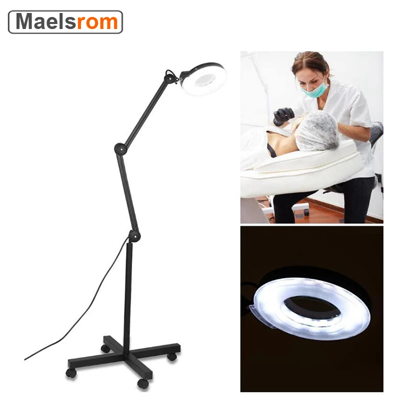8X Magnifier Floor Stand Lamp Adjustable Cold Light LED Tattoo Lamp Nail Art Beauty Salon Light With 4 Omnidirectional Wheels