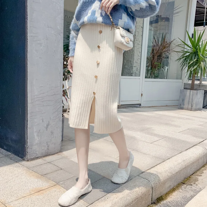 

High Waist Autumn Winter Knitted Women Skirts Warm skirt Long Female Rib Skirts With Button