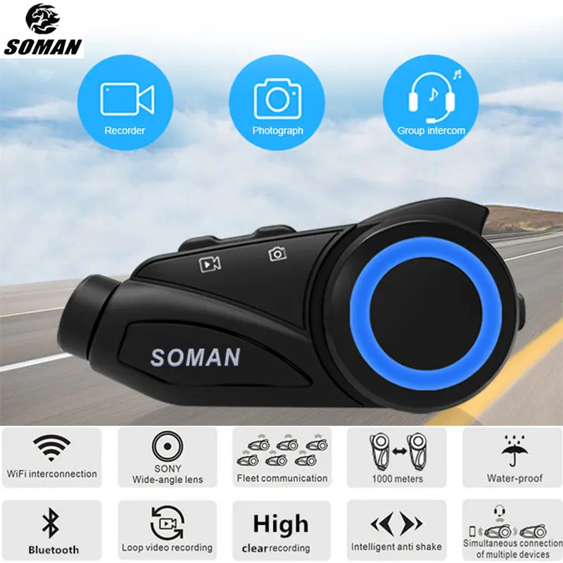 SOMAN мотоциклетная Vedio камера Bluetooths гарнитура 1080P широкоугольный объектив 1000 м