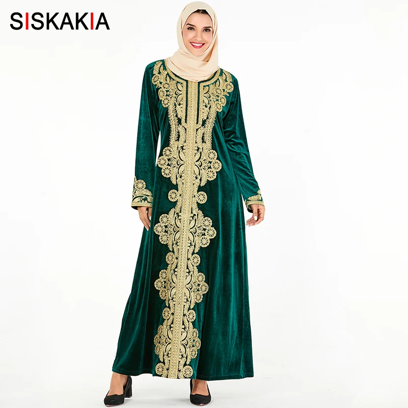 Green abaya Siskakia мусульманское платье абайя роскошные бархатные винтажные вышитые Дубай халаты вечерние платья одежда для женщин - Цвет: Green abaya
