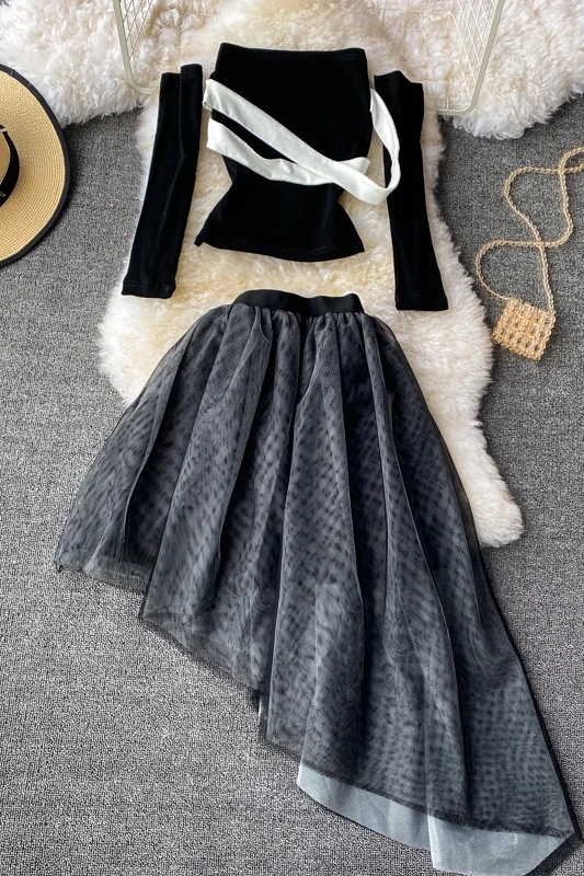

2021 summer high waist gauze skirt mid length fairy dress two piece suit neck top long sleeve fashion