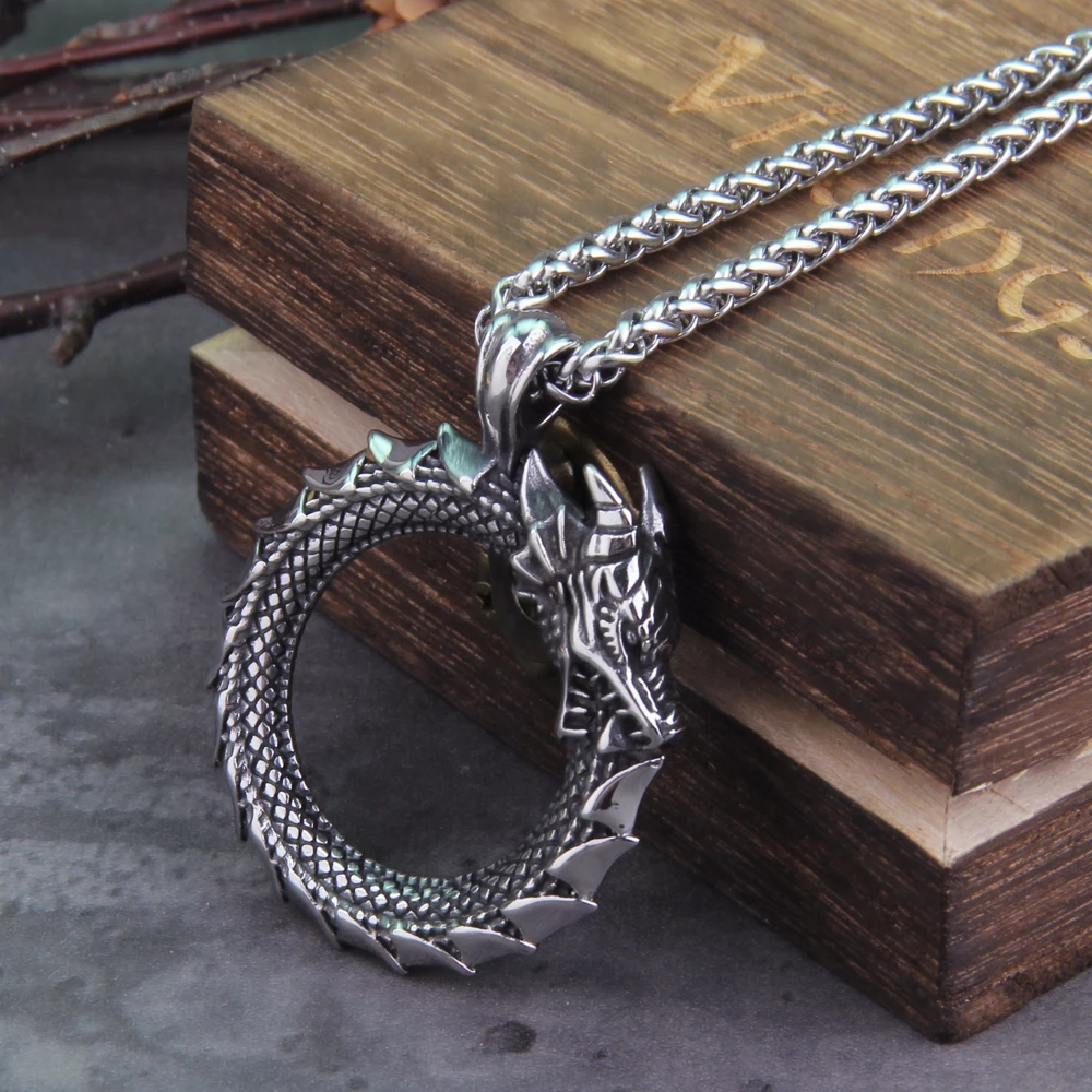 

Never Fade Men Stainless steel Viking Self-devourer Ouroboros Valknut Amulet dragon Pendant Necklace with vikings wooden box
