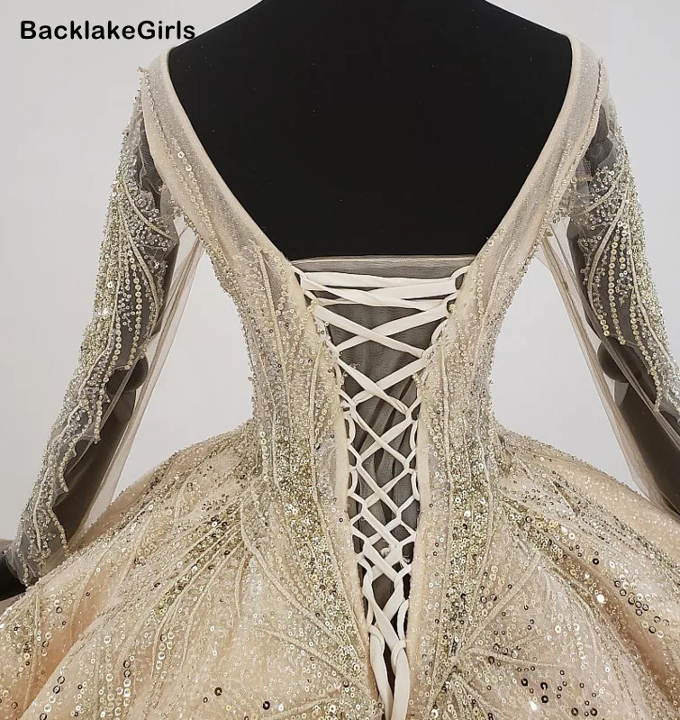 BacklakeGirls African Wedding Dresses Sexy V Neck Sheer Long Sleeve Big Tailing Princess Luxury Dress 2020 Robe De Bal | Свадьбы и