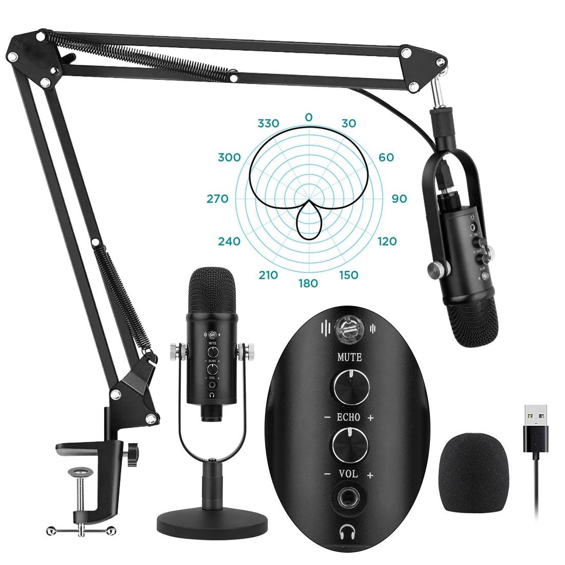 

USB Microphone Professional Condenser Recording Podcast Microphone Suspension Arm PC Microphone Adjustable Stand Kit for YouTube