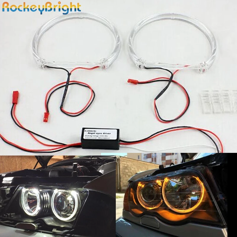 

Rockeybright 2 комплекта A + светодиодный глаза ангела для BMW глаза гало кольца светильник E36 E38 E49 E46 проектор белого и желтого цвета с украшением в виде кристаллов светодиодный глаза ангела