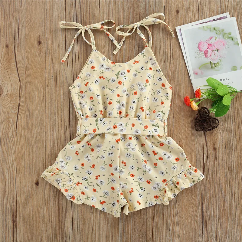 

2021 baby girl summer casual floral sling ruffle dress fashion sleeveless short jumpsuit with belt no shipping