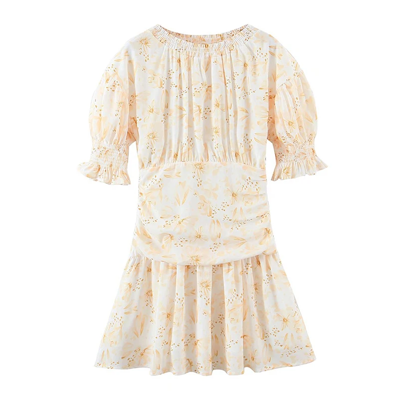 

YENKYE Chiffon Summer Dress Women Yellow Floral Print Prairie Chic Holiday Dress Ladies O Neck Puff Sleeve Pleats Short Dress