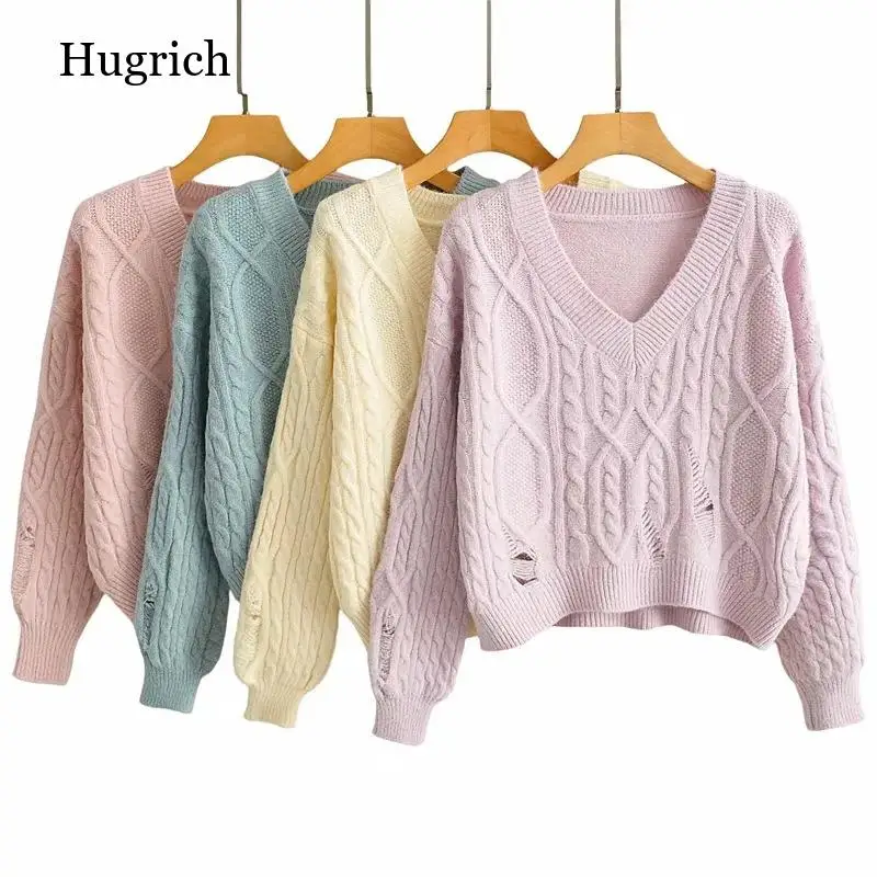 

Sweater Korean Fashion Women's V-neck Hole Knitted Turtleneck Sweater Long Sleeve Top Winter Women's Knitwear