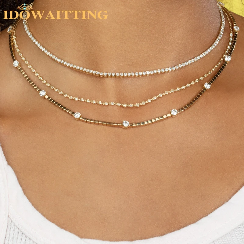 

Gold Color Plated Spraking 5A CZ Bling Rectangle Cubic Zirconia Metal Beaded Tennis Chain 16" Geometric Women Choker Necklace