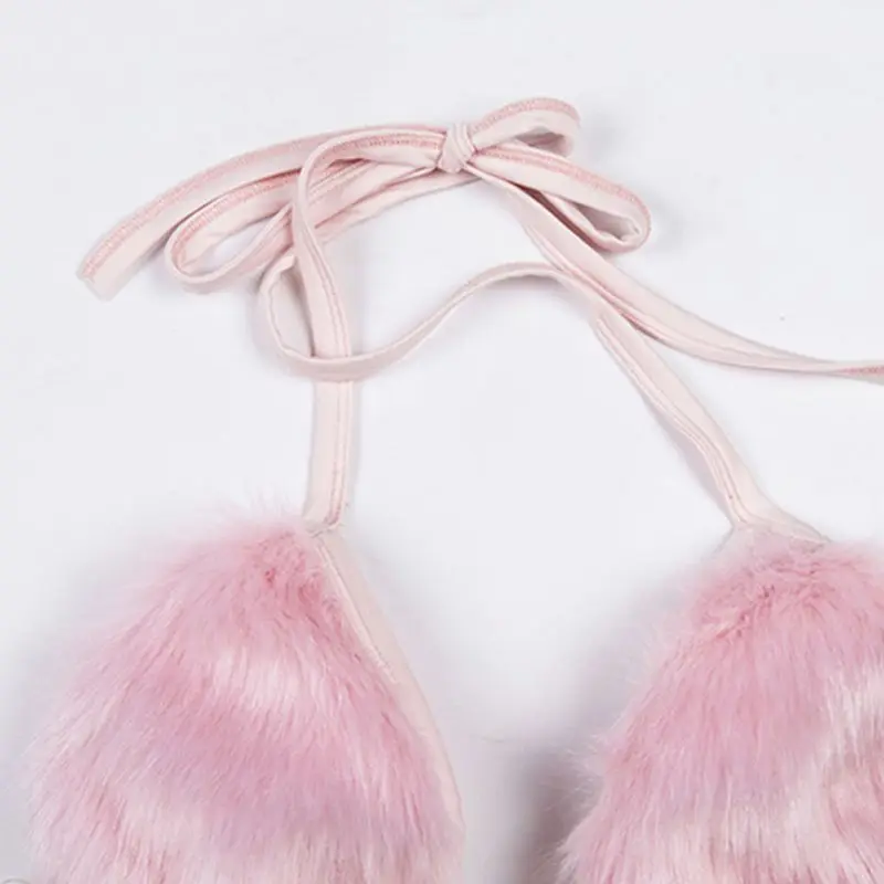 Women Sexy Halter Lace-up Bikini Bra V-Neck Fluffy Plush Crop Top Rave Bralette | Женская одежда