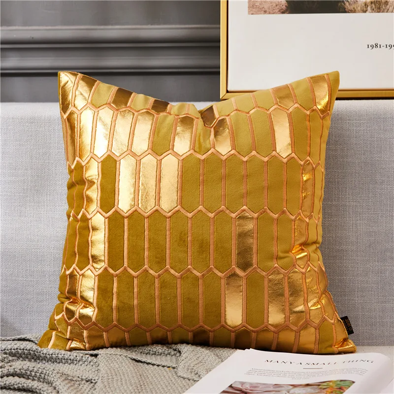 Золотой вышивкой Чехлы темно-синий, серый, синий, жёлтая, с геометрическимузором, бархатное покрытие для подушки диван-кровать для дома декоративнаяподушка чехол 45x45cm