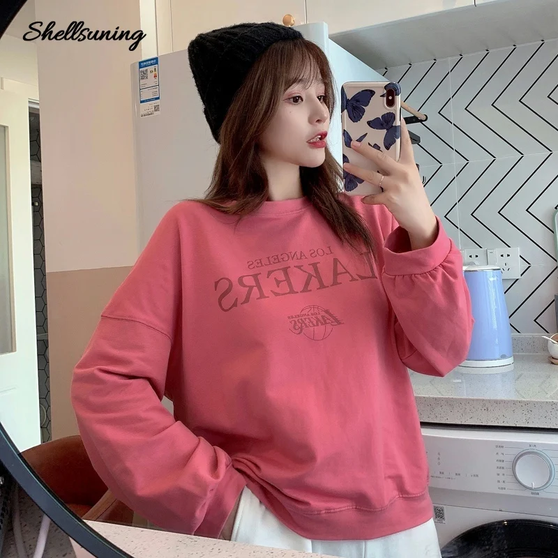 

Shellsuning Long Sleeve Round Neck Oversize Women Winter Hoodies Sweatshirts Letter Printing Pullovers All-match Streetwear