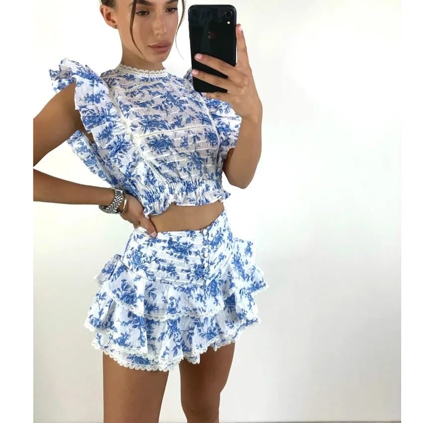 

High Quality 2021 Sunday Set elastic waistband Cropped top with ruffle detail and cute ruffle mini shorts skirts