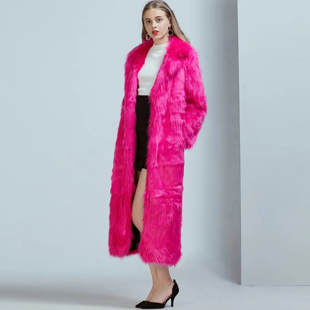 Ladies Faux Fur Wool Lamb Long Coat Fashion Women Outwear Long Sleeves Warm Coat Plush Jacket Long Overcoat Solid Plus Size