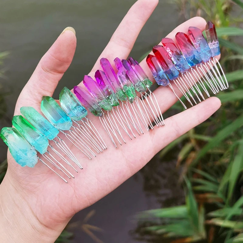 

Women Gradient Ombre Rainbow Raw Quartz Hair Comb Contrast Colored Imitation Crystal Stone Wedding Tiara Ponytail Clip M7DD