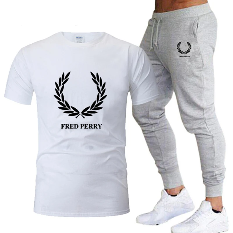 

Men Leisure Brand Tracksuit Set Sportswear Short Sleeve T-Shirt + Trousers 2 Piece Set Summer Cotton Breathable 2021