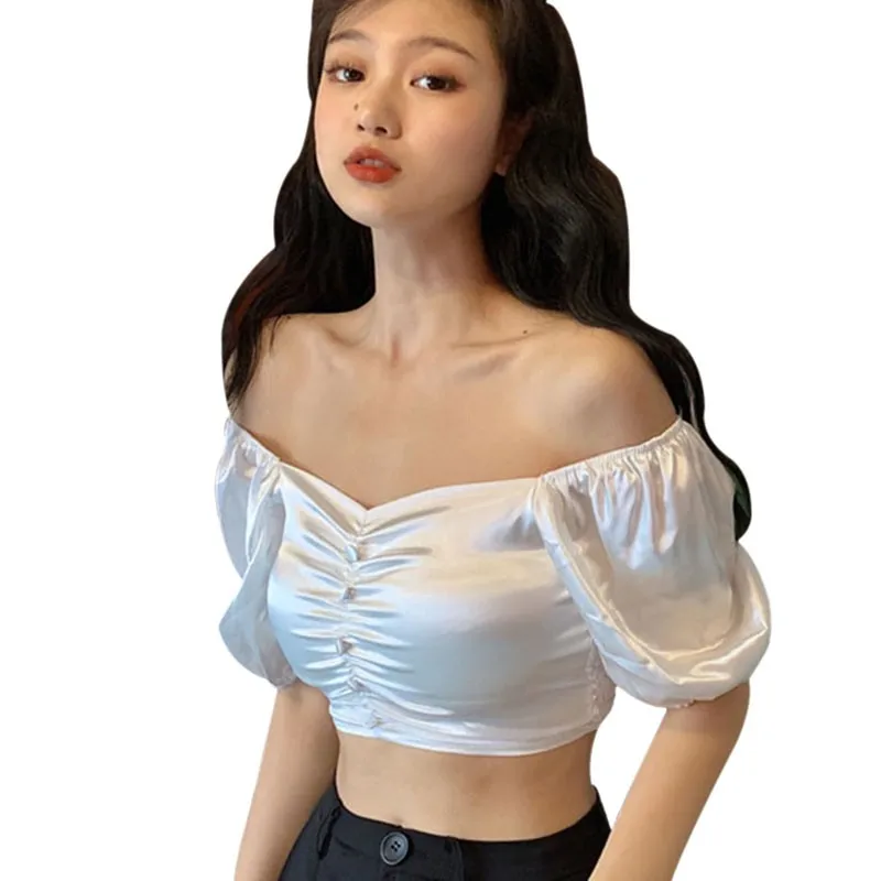 

2020 Summer Female Silm Slash Neck Top Solid Sweet Puff Sleeve Sexy Short Woman's Blouses n