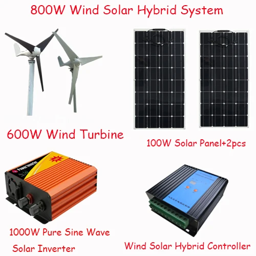 

800w solar power system 200W mono solar panel 600W wind turbine 600W wind solar hybrid controller 3kw solar inverter