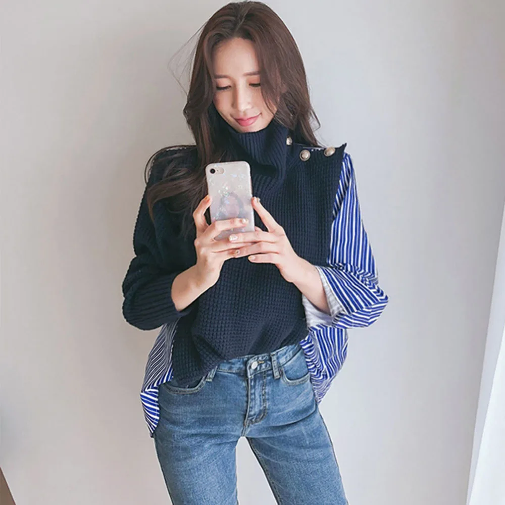 Korean Women Turtleneck Chunky Oversize Sweater Patchwork Knit Sweaters Pullover And Jumper 2020 Spring Fall Winter Knitted Top | Женская