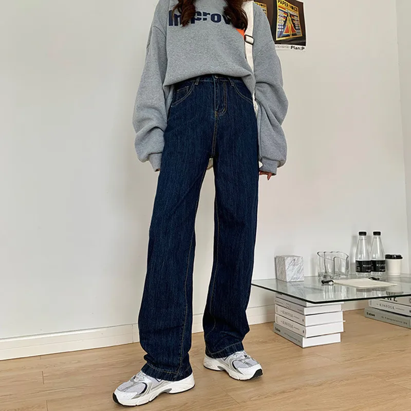 

2020 New Fashion Women's Jeans Autumn Korean Version Vintage Loose Dark blue High Waist Slim Straight Cylinder Mopping Trouser