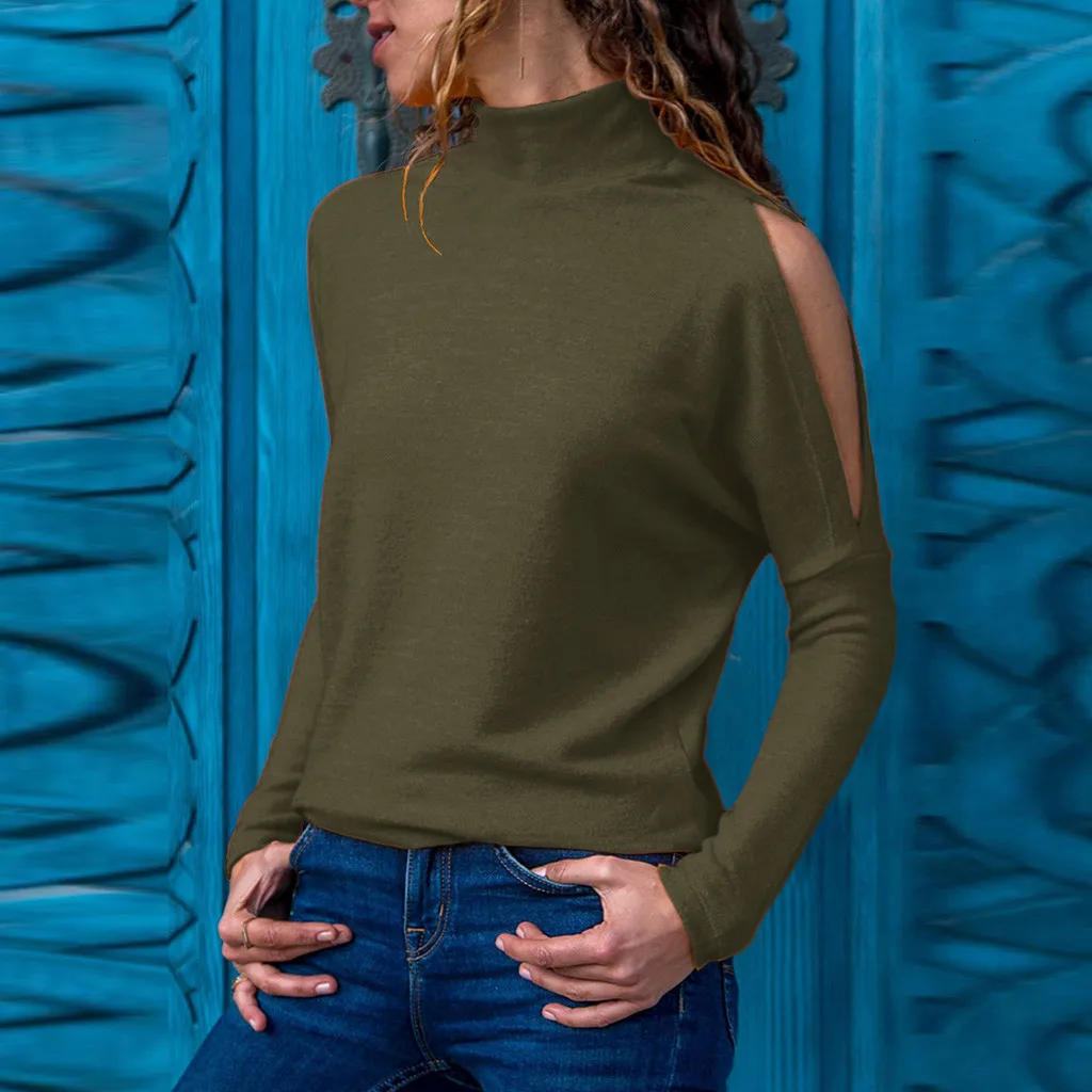 Женская футболка осенняя мода Однотонная стоячий вырез длинный рукав топ camisetas