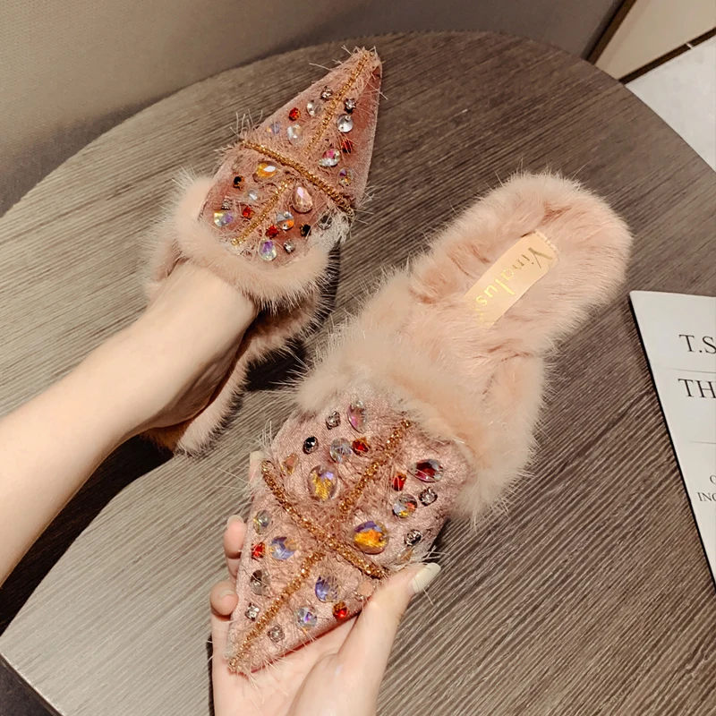 Зима 2021 новый ручной Стразы mink hair Тапочки без пятки Baotou Модные теплые ленивый