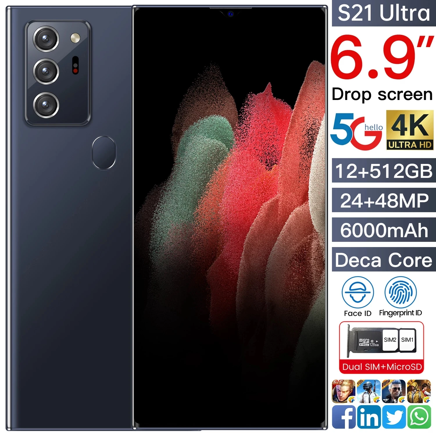 

2021New Global Version 10Core 6000mAh 12+512G 6.9" S21 Ultra Smartphone Big Screen With Face ID Dual SIM 4G5G Android Cellphone