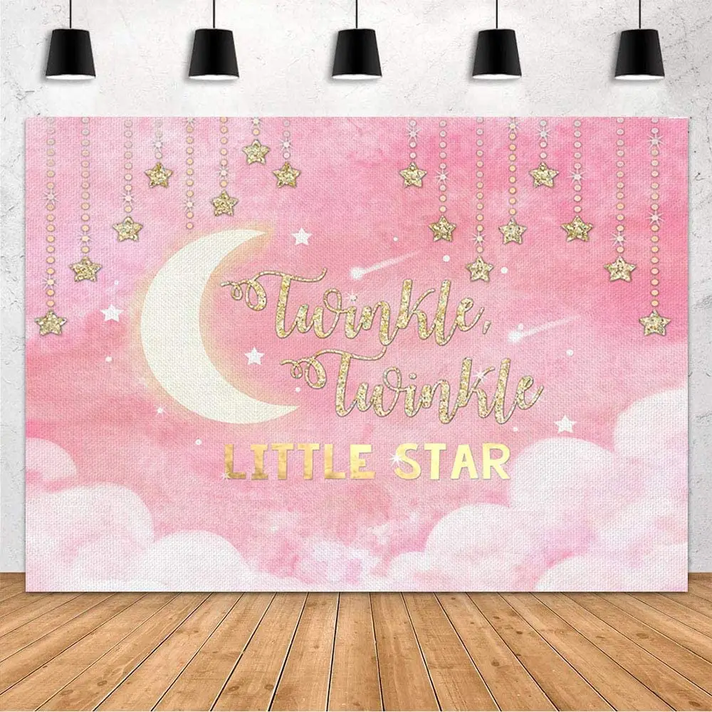 

Twinkle Little Star Baby Shower Party for Girl Photography Backdrop Banner Glitter Gold Little Star Moon Pink Cloud Background