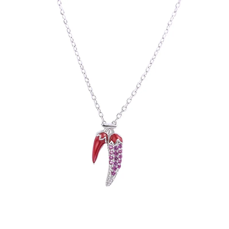 

Hemiston Sterling 925 Silver Jewelry Female Simple Fashion Red Pave Zircon Small Pepper Shape Necklace For Women Gift